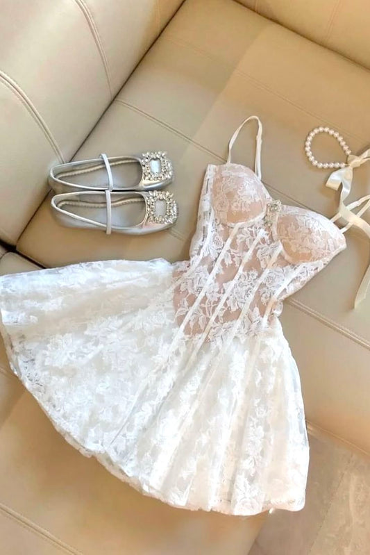 Simple A line Spaghetti Strap White Lace Mini Hoco & Homecoming Dress Ideas Senior High Schools Party Dresses RB6541