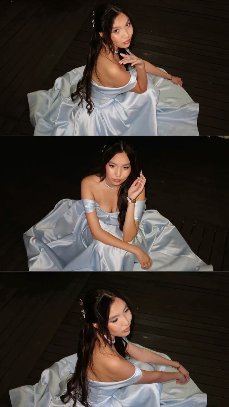 Robe de bal unique en satin bleu ciel clair, coupe trapèze, épaules dénudées, manches longues - Inspiration tenue de soirée AB1443