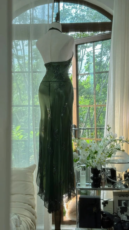 Robe de bal longue en mousseline verte à col licou et perles, élégante robe de soirée verte, tenue de danse N530