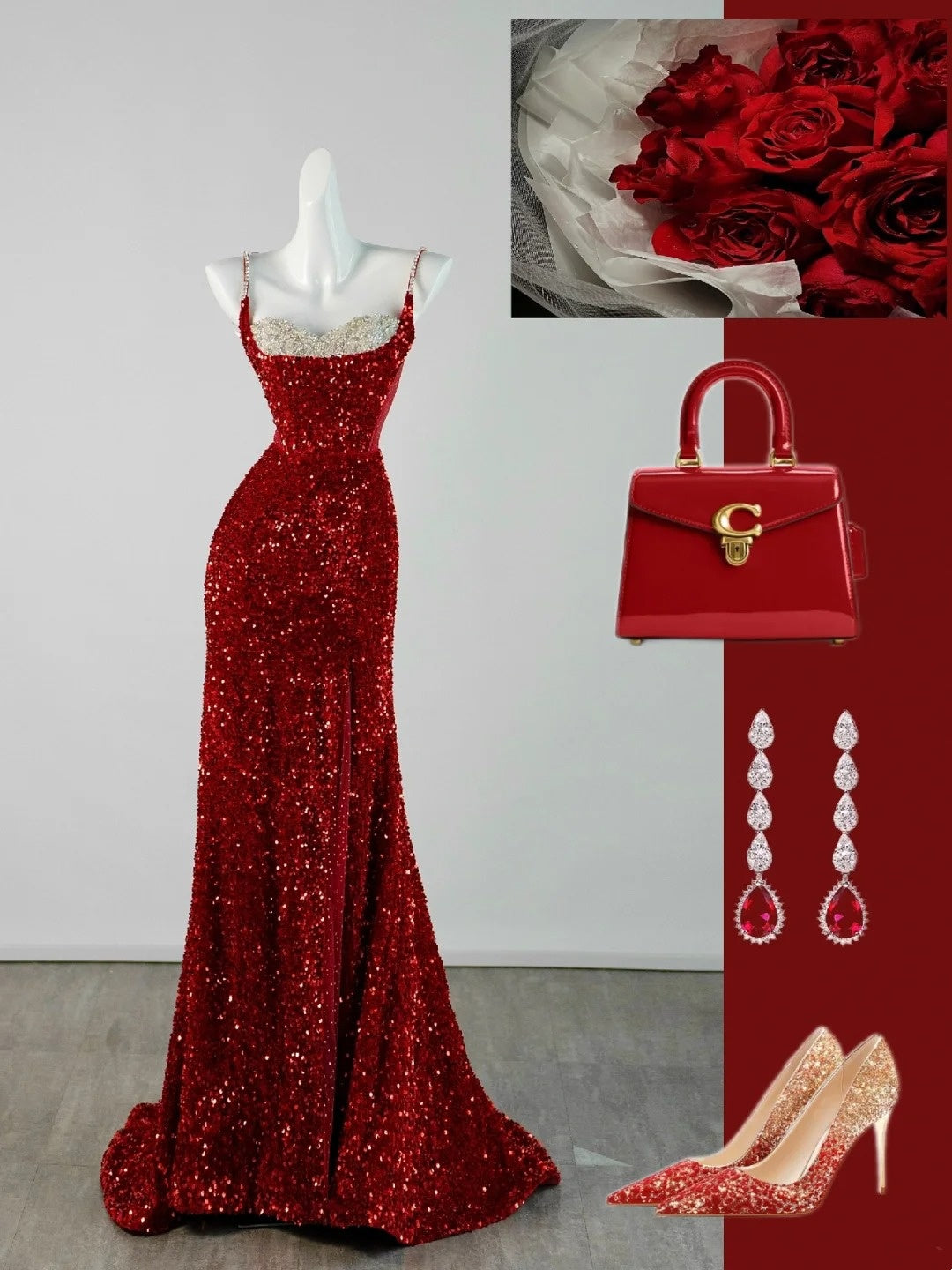Robe de soirée longue sirène chic à fines bretelles et sequins rouges, robe de bal élégante, robe de soirée formelle N940
