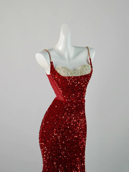 Robe de soirée longue sirène chic à fines bretelles et sequins rouges, robe de bal élégante, robe de soirée formelle N940