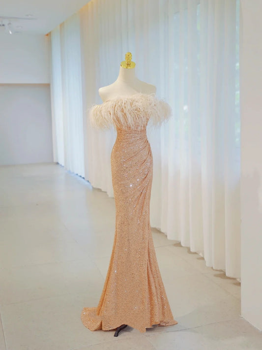 Glitzernde Meerjungfrau schulterfreies, gold Paillettenbesetztes langes Ballkleid Partykleid Geburtstagsoutfit Abschlussballkleid N2843