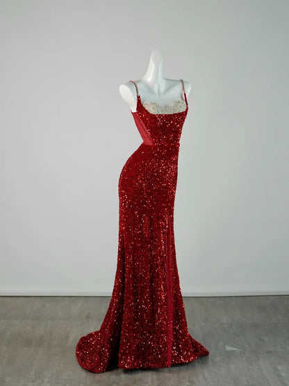 Robe de soirée longue sirène chic à fines bretelles et sequins rouges, robe de bal élégante, robe de soirée formelle N940