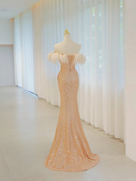 Glitzernde Meerjungfrau schulterfreies, gold Paillettenbesetztes langes Ballkleid Partykleid Geburtstagsoutfit Abschlussballkleid N2843