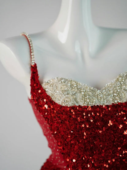 Robe de soirée longue sirène chic à fines bretelles et sequins rouges, robe de bal élégante, robe de soirée formelle N940