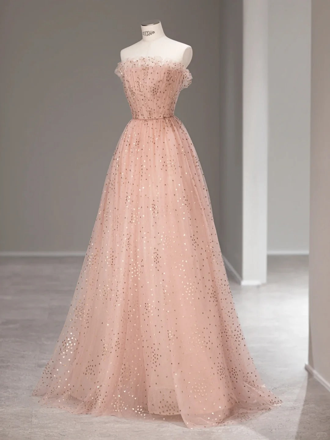 Süßes A-Linien trägerloses rosa Tüll ärmelloses langes Ballkleid Festliche Outfits RB3985
