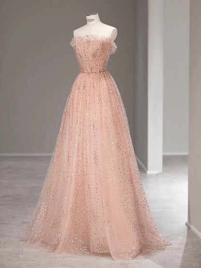 Süßes A-Linien trägerloses rosa Tüll ärmelloses langes Ballkleid Festliche Outfits RB3985