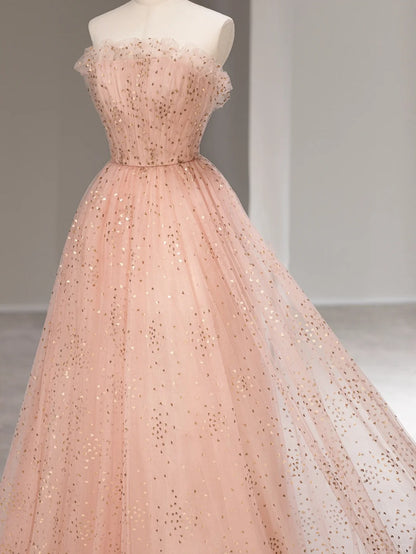 Süßes A-Linien trägerloses rosa Tüll ärmelloses langes Ballkleid Festliche Outfits RB3985