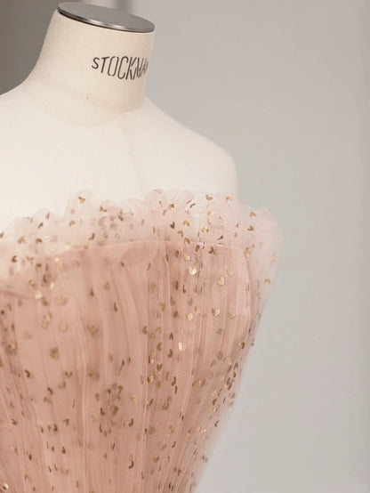 Süßes A-Linien trägerloses rosa Tüll ärmelloses langes Ballkleid Festliche Outfits RB3985