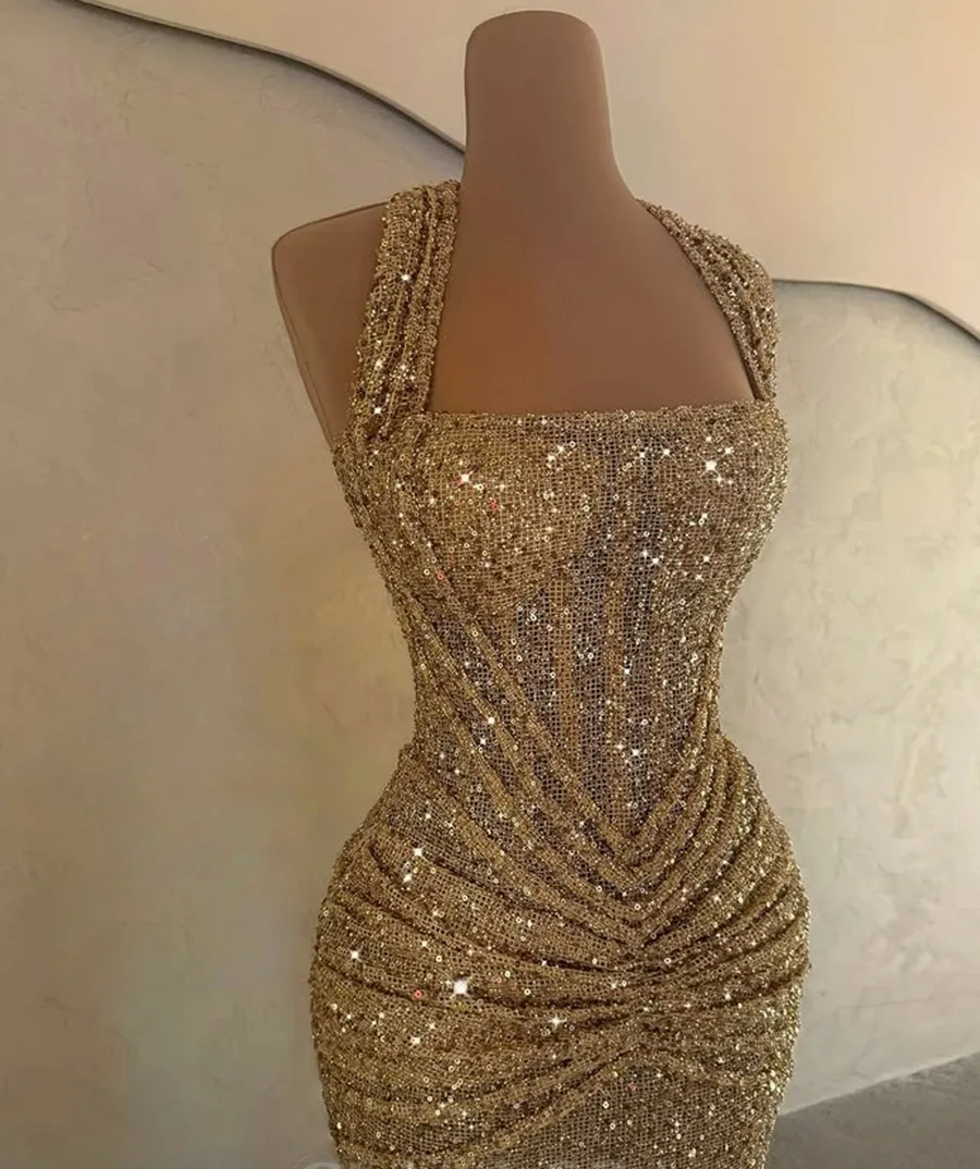 Modest Senior Prom Dresses High Schools Inspiration Mermaid Halter Gold Sequin With Pleated Semi Formal Grad Long Prom Dress For Teens AB1981
