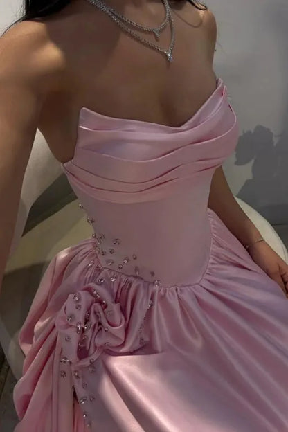 Robe de bal élégante en satin rose satiné, coupe trapèze, décolleté cœur et fente - Inspiration pour adolescentes - Tenue de soirée - Robe de bal AB051