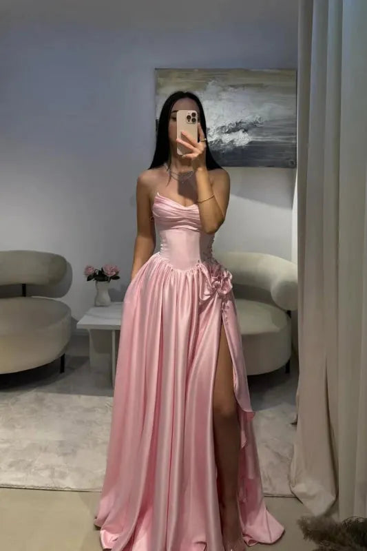 Robe de bal élégante en satin rose satiné, coupe trapèze, décolleté cœur et fente - Inspiration pour adolescentes - Tenue de soirée - Robe de bal AB051