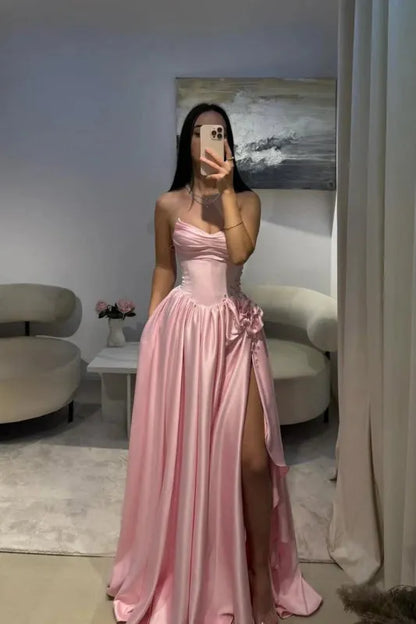 Robe de bal élégante en satin rose satiné, coupe trapèze, décolleté cœur et fente - Inspiration pour adolescentes - Tenue de soirée - Robe de bal AB051