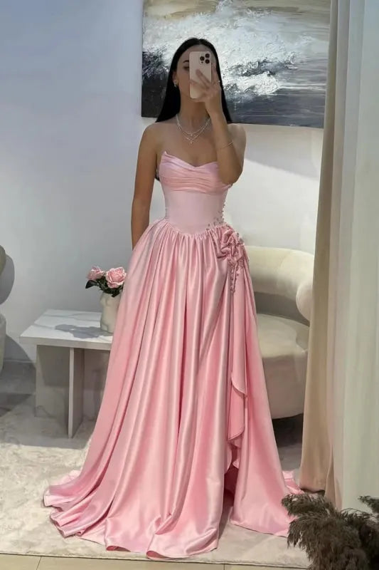 Robe de bal élégante en satin rose satiné, coupe trapèze, décolleté cœur et fente - Inspiration pour adolescentes - Tenue de soirée - Robe de bal AB051