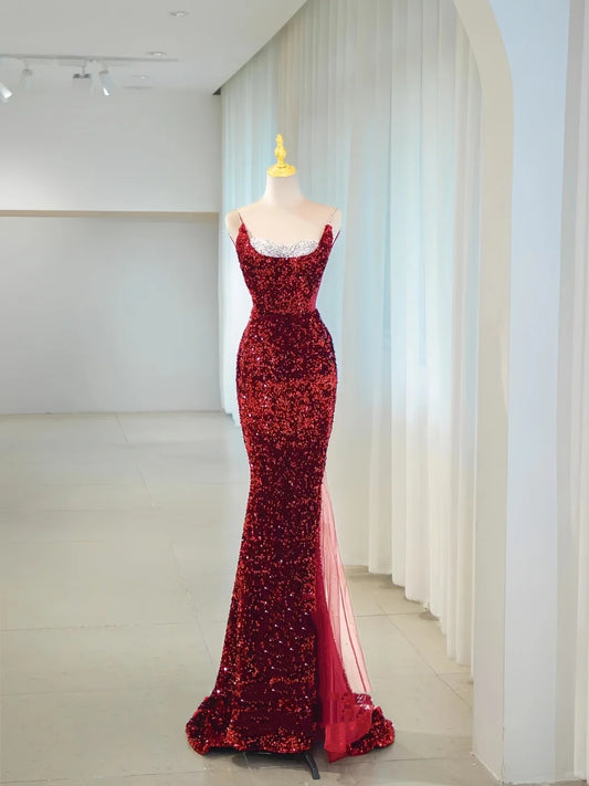 Romantic Mermaid Spaghetti Strap Burgundy Sequin With Slit Formal Dress Long Prom Dresses N2851