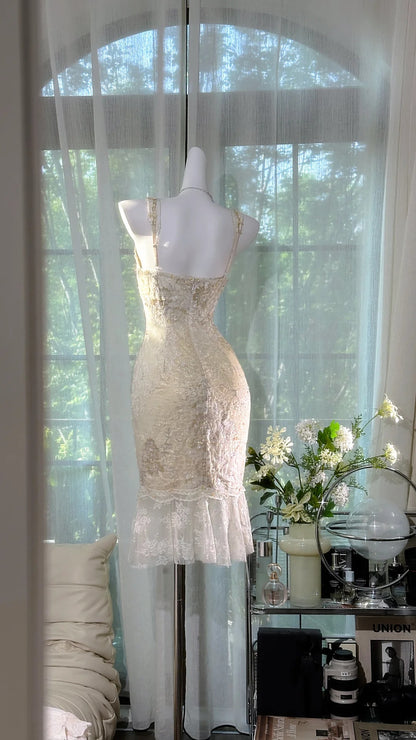 Robe de sirène mignonne à col en V en dentelle blanche, longueur genou, pour 16ème anniversaire, tenues de bal N3578