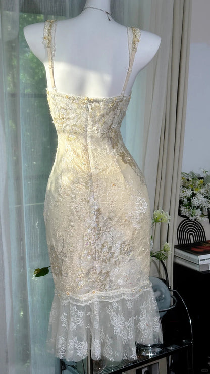 Robe de sirène mignonne à col en V en dentelle blanche, longueur genou, pour 16ème anniversaire, tenues de bal N3578