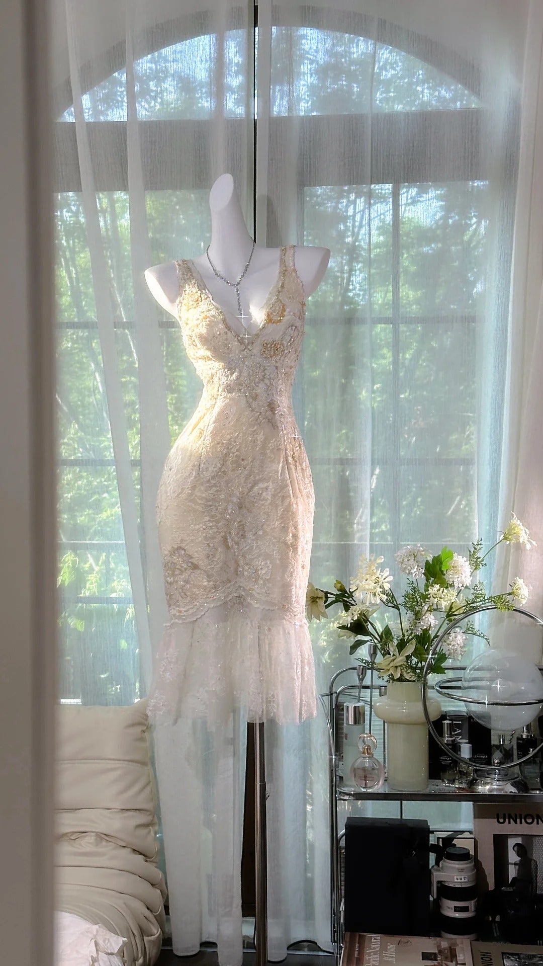 Robe de sirène mignonne à col en V en dentelle blanche, longueur genou, pour 16ème anniversaire, tenues de bal N3578