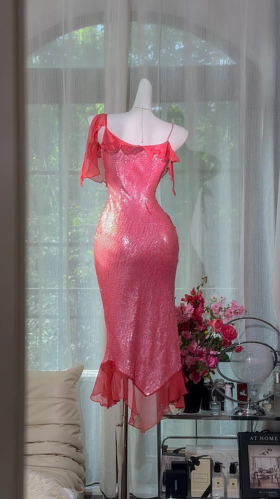 Vintage Mermaid Spaghetti Strap Pink Sequined Tea Length Prom Dress Formal Outfits Party Dresses RB7561