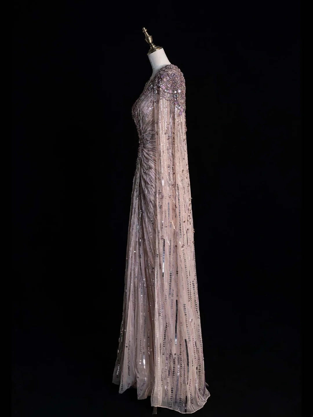 Robe de bal longue rose à paillettes et perles, décolleté en V, coupe trapèze, taille haute, N547