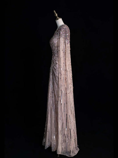 Robe de bal longue rose à paillettes et perles, décolleté en V, coupe trapèze, taille haute, N547