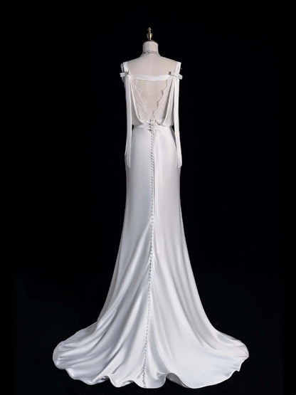 Robe de mariée longue blanche en dentelle, style sirène intemporel, col bénitier, robe de mariée bohème féérique pour la plage ou l'été N552
