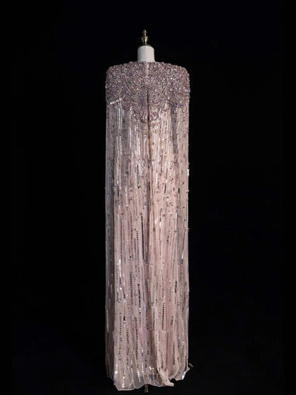 Robe de bal longue rose à paillettes et perles, décolleté en V, coupe trapèze, taille haute, N547