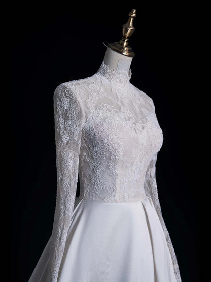 Timeless Ball Gown High Neck Long Sleeves Lace White Wedding Dress Open Backs Fairytale Boho Beach Summer Bridal Dresses N553