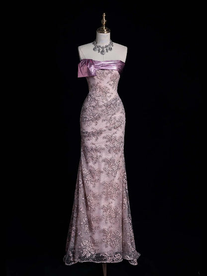 Robe de bal bustier rose en dentelle, longue, idéale pour une soirée semi-formelle (N559)