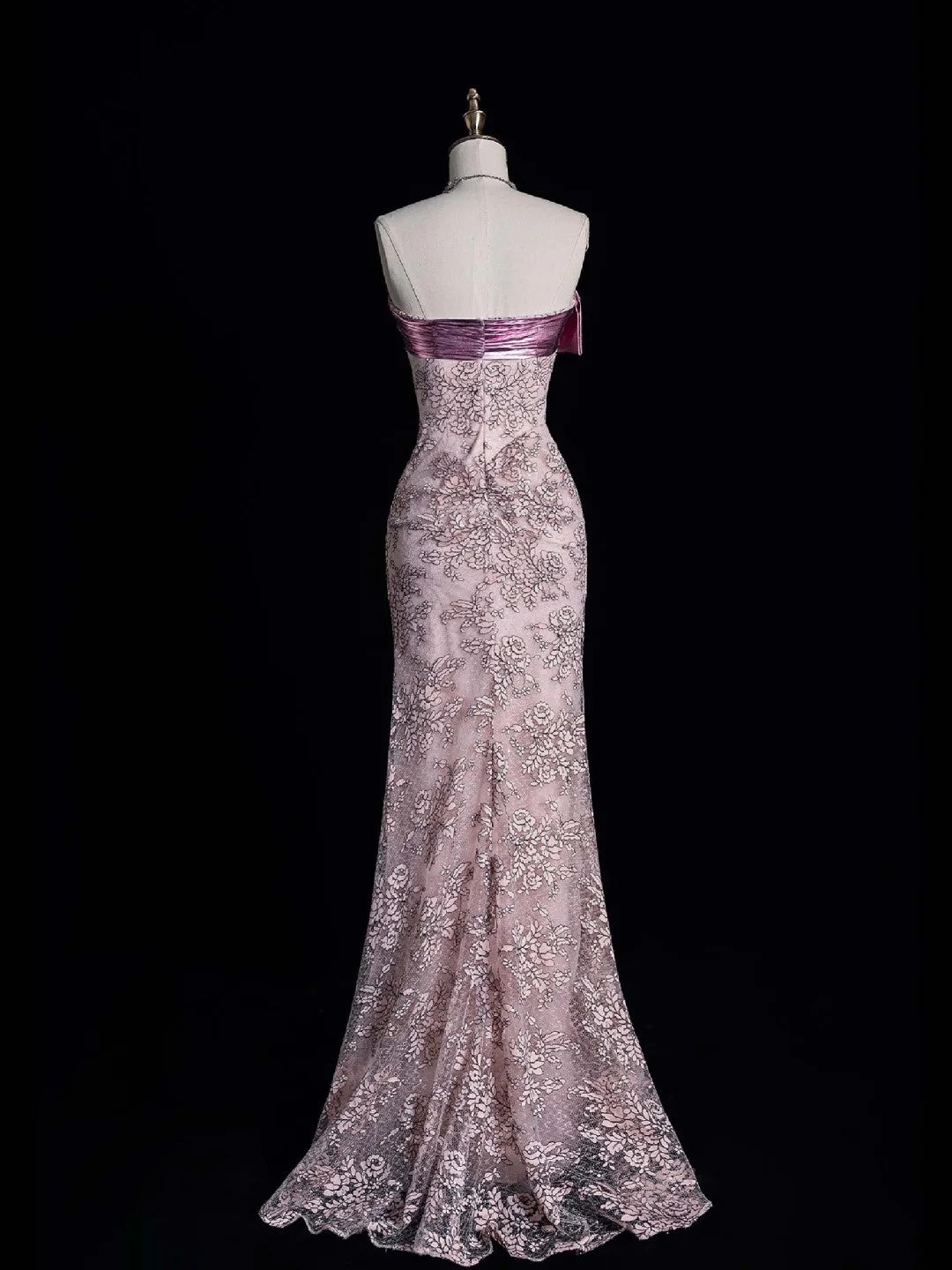 Robe de bal bustier rose en dentelle, longue, idéale pour une soirée semi-formelle (N559)