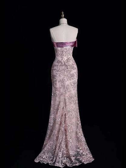 Robe de bal bustier rose en dentelle, longue, idéale pour une soirée semi-formelle (N559)