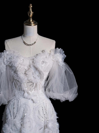 Robe de bal princesse en tulle blanc à épaules dénudées et manches longues, style bohème féérique, robe de mariée d'été N557