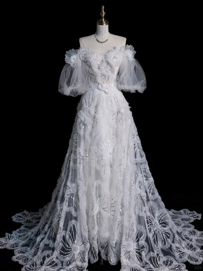 Robe de bal princesse en tulle blanc à épaules dénudées et manches longues, style bohème féérique, robe de mariée d'été N557