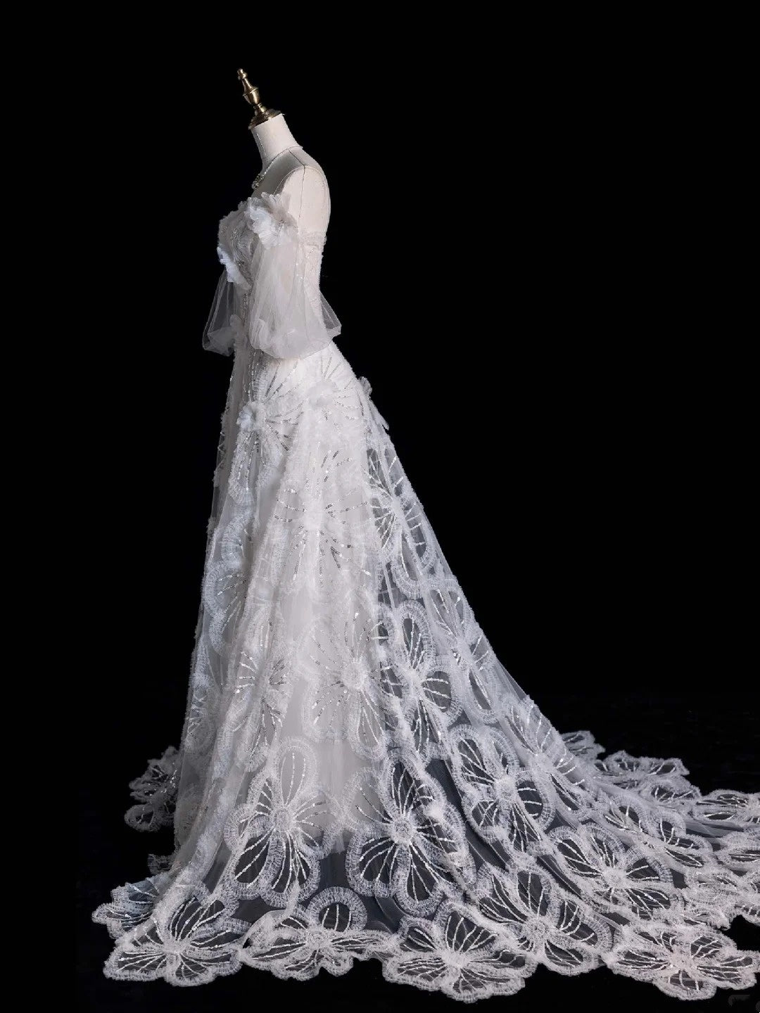 Robe de bal princesse en tulle blanc à épaules dénudées et manches longues, style bohème féérique, robe de mariée d'été N557