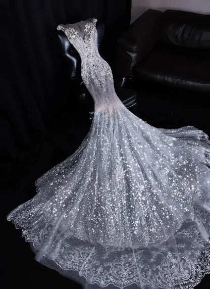 Prinzessin Meerjungfrau Brautkleid mit Rundhalsausschnitt, silberfarben, paillettenbesetzt, mit Ärmeln, märchenhaftes Boho-Sommerkleid mit Glitzer, N558