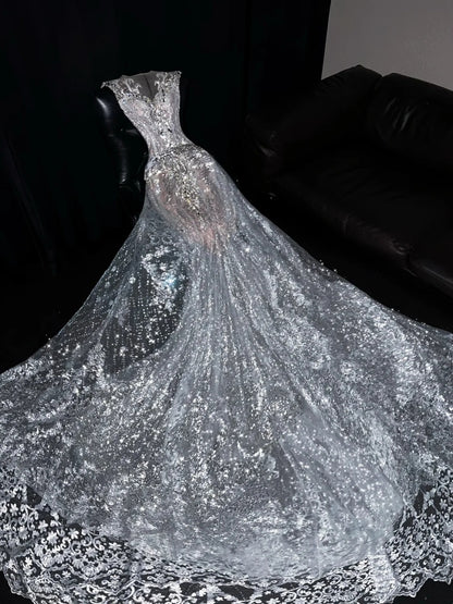 Prinzessin Meerjungfrau Brautkleid mit Rundhalsausschnitt, silberfarben, paillettenbesetzt, mit Ärmeln, märchenhaftes Boho-Sommerkleid mit Glitzer, N558