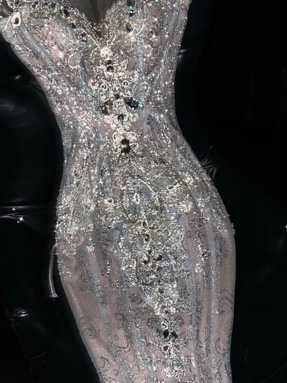Prinzessin Meerjungfrau Brautkleid mit Rundhalsausschnitt, silberfarben, paillettenbesetzt, mit Ärmeln, märchenhaftes Boho-Sommerkleid mit Glitzer, N558