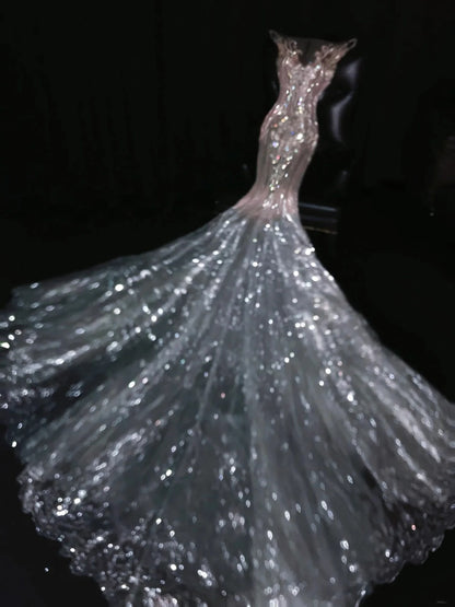 Prinzessin Meerjungfrau Brautkleid mit Rundhalsausschnitt, silberfarben, paillettenbesetzt, mit Ärmeln, märchenhaftes Boho-Sommerkleid mit Glitzer, N558