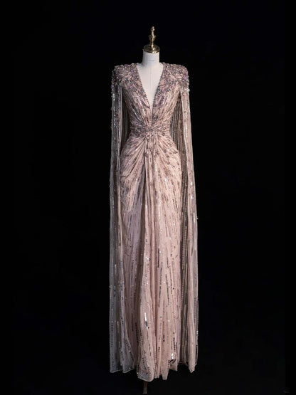 Robe de bal longue rose à paillettes et perles, décolleté en V, coupe trapèze, taille haute, N547
