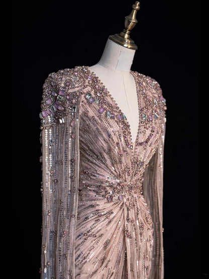 Robe de bal longue rose à paillettes et perles, décolleté en V, coupe trapèze, taille haute, N547