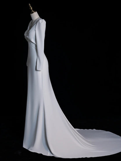 Robe de mariée blanche en satin, col V simple, manches longues, style sirène, inspiration automne féérique N549