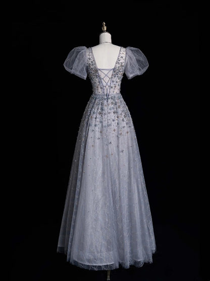 Robe de bal modeste, col rond, en tulle gris argenté, manches longues ou courtes, idéale pour les lycéennes et les demoiselles d'honneur (N1037)