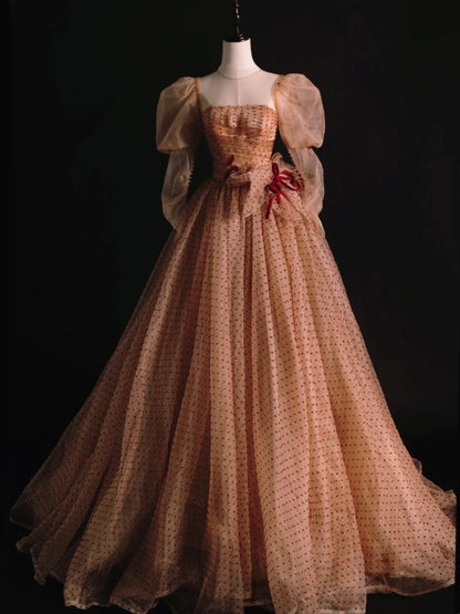 Robe de bal modeste sans bretelles en tulle à pois, manches longues, robe de bal pour lycéennes et demoiselles d'honneur, N1036
