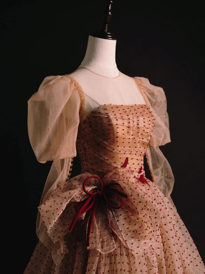 Robe de bal modeste sans bretelles en tulle à pois, manches longues, robe de bal pour lycéennes et demoiselles d'honneur, N1036
