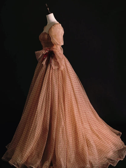 Robe de bal modeste sans bretelles en tulle à pois, manches longues, robe de bal pour lycéennes et demoiselles d'honneur, N1036
