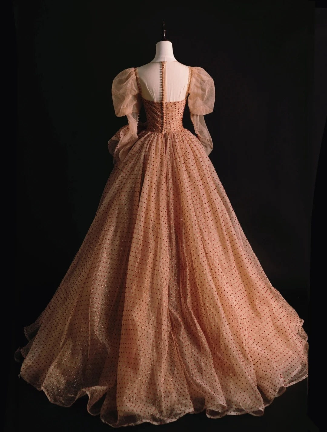 Robe de bal modeste sans bretelles en tulle à pois, manches longues, robe de bal pour lycéennes et demoiselles d'honneur, N1036