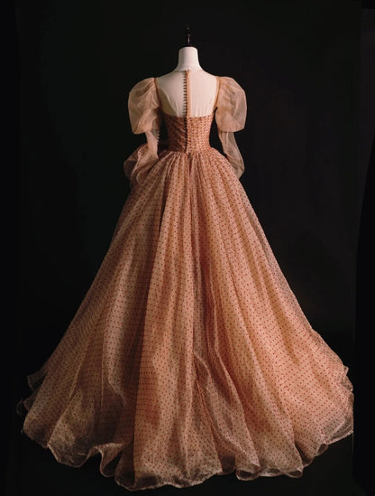Robe de bal modeste sans bretelles en tulle à pois, manches longues, robe de bal pour lycéennes et demoiselles d'honneur, N1036