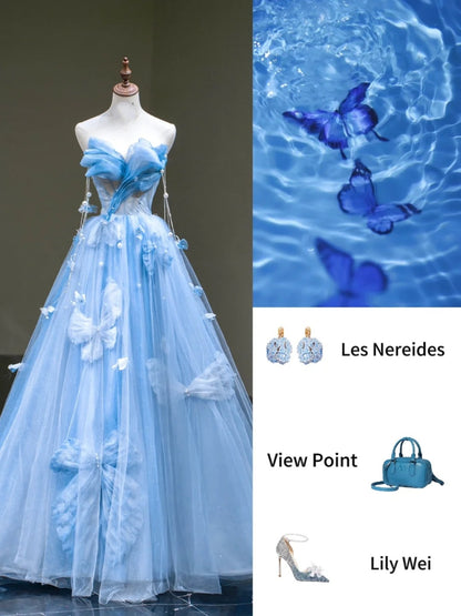 Robe de bal mignonne en tulle bleu cœur, longue sans manches, pour lycéennes et jeunes filles, N1038