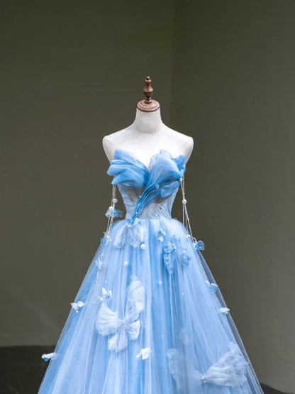 Robe de bal mignonne en tulle bleu cœur, longue sans manches, pour lycéennes et jeunes filles, N1038