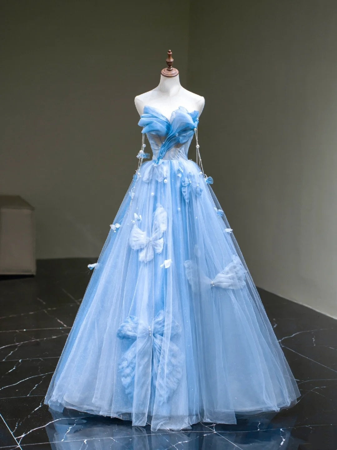 Robe de bal mignonne en tulle bleu cœur, longue sans manches, pour lycéennes et jeunes filles, N1038